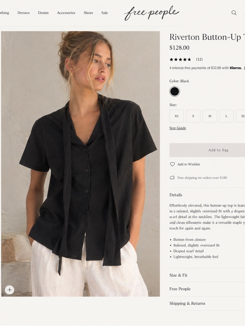 Free People Black Riverton Button-Down Shirt with Scarf Detail